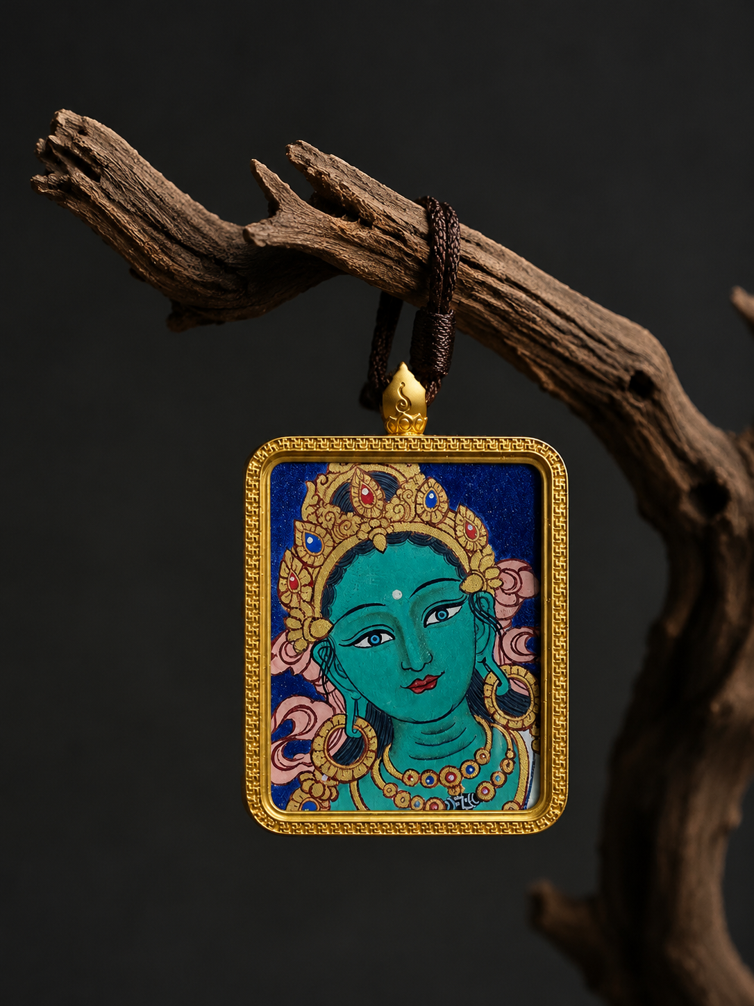 Hand-Painted Tibetan Green Tara Thangka Pendant Amulet