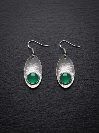 Vintage Tibetan Silver Emerald Drop Earrings