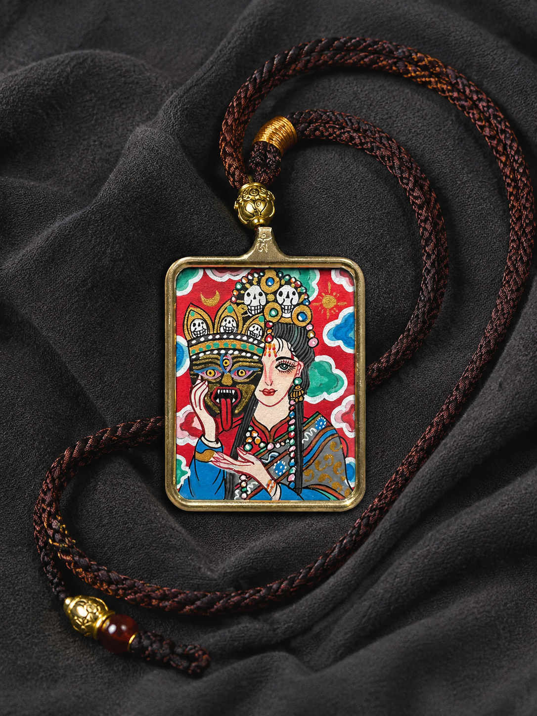 Hand-Painted Tibetan Zhaji Lhamo Thangka Amulet Pendant