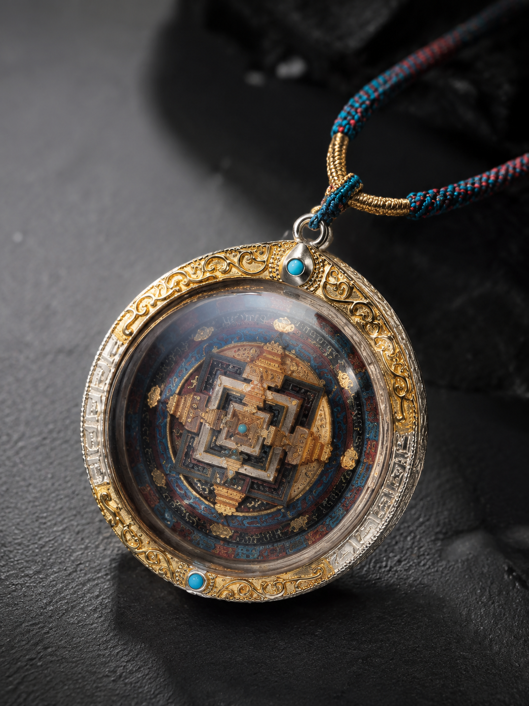 Hand-Painted Tibetan Kalachakra Mandala 925 Silver Pendant Necklace
