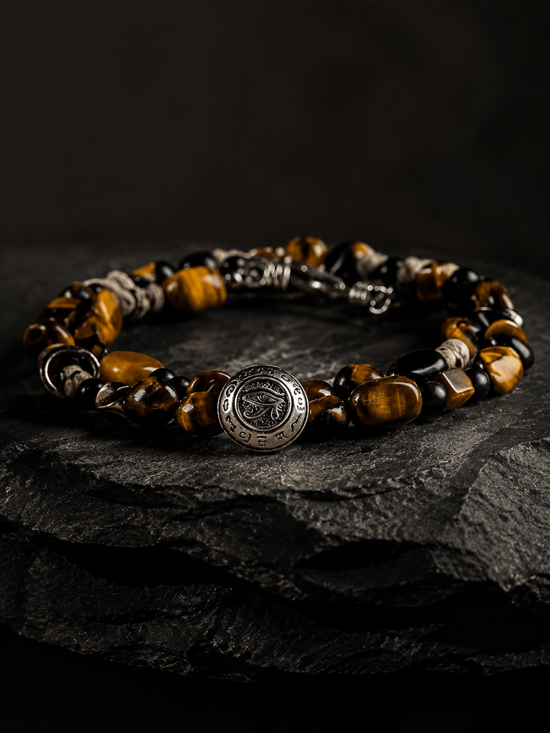Vintage Tiger Eye & Obsidian Men's Double-Layer Horus Bracelet