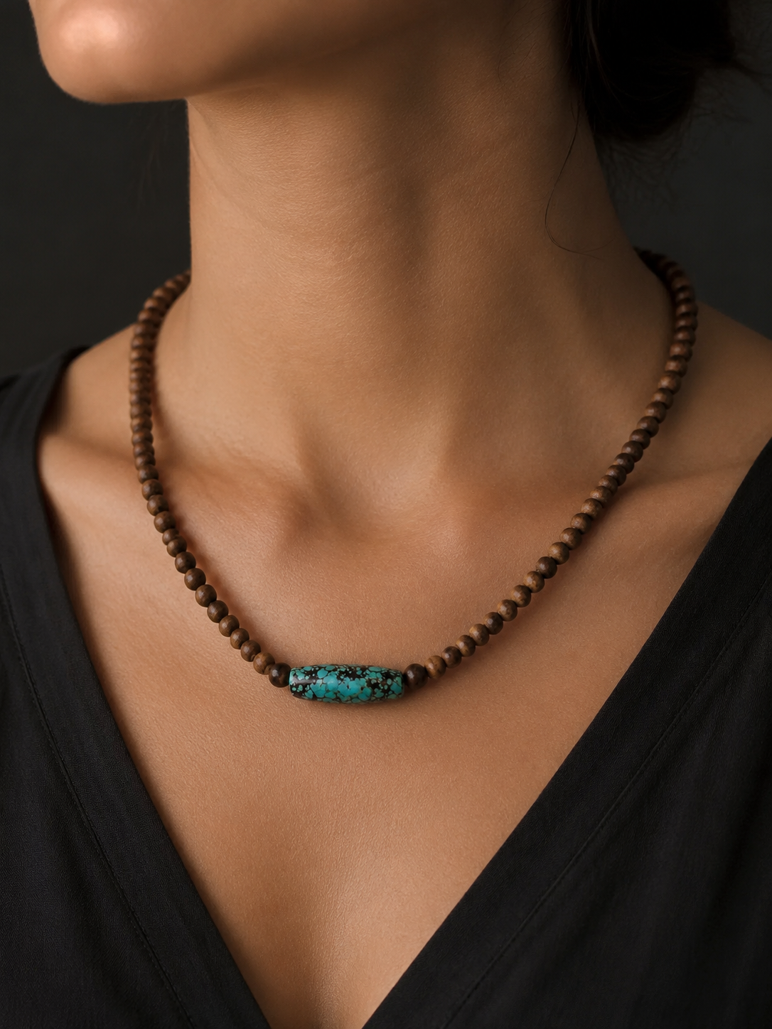 Vintage Tibetan Wooden Beaded Necklace with Turquoise Barrel