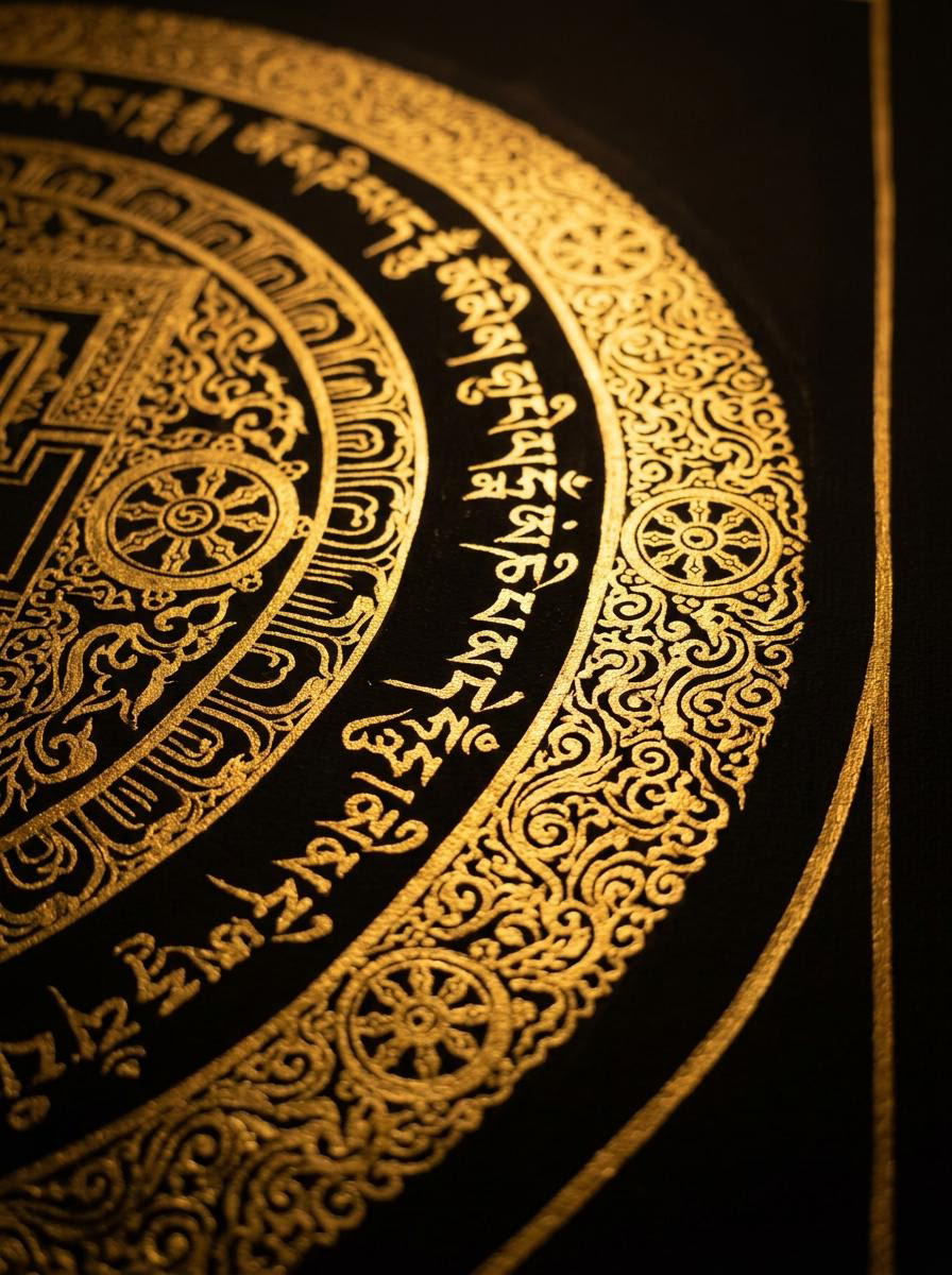 Hand-Painted Black & Gold Kalachakra Mandala Thangka