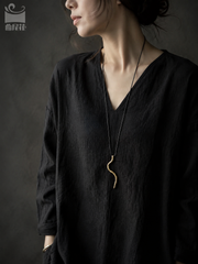 Handmade Hammered Brass Wavy Pendant Necklace Minimalist Artisan Jewelry