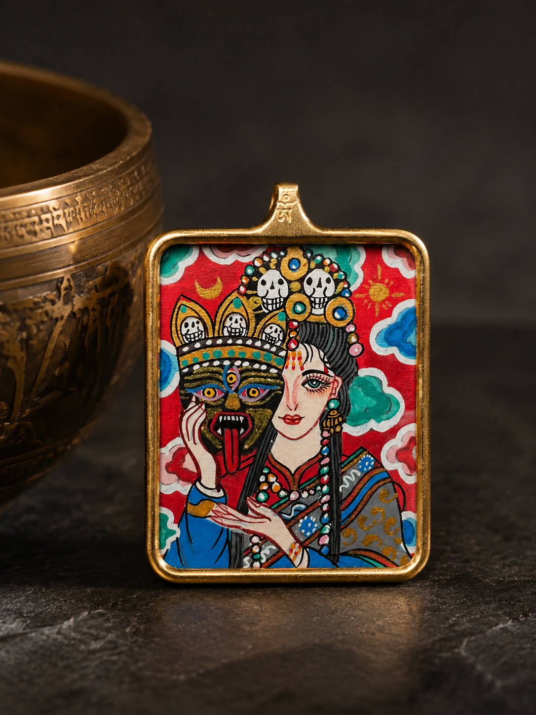 Hand-Painted Tibetan Zhaji Lhamo Thangka Amulet Pendant