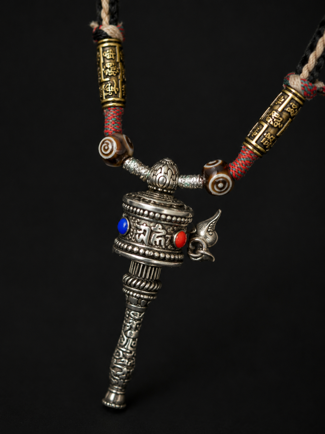 Vintage Tibetan Prayer Wheel Pendant Necklace Handmade Braided Rope