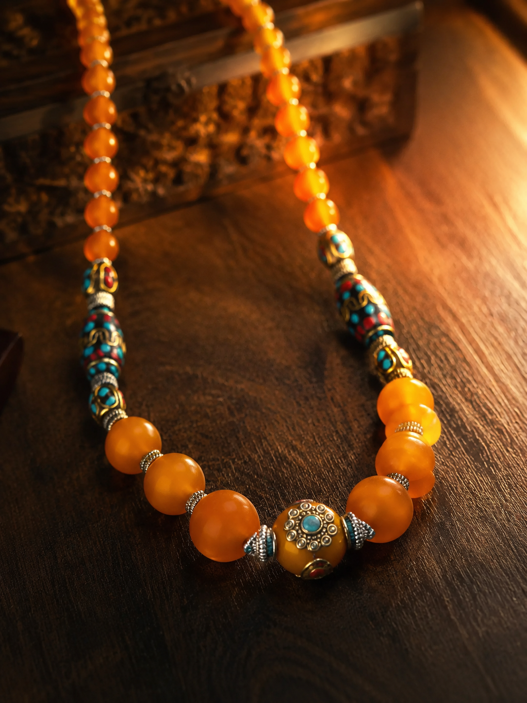 Handmade Tibetan Resin Bead Necklace with Turquoise Inlay