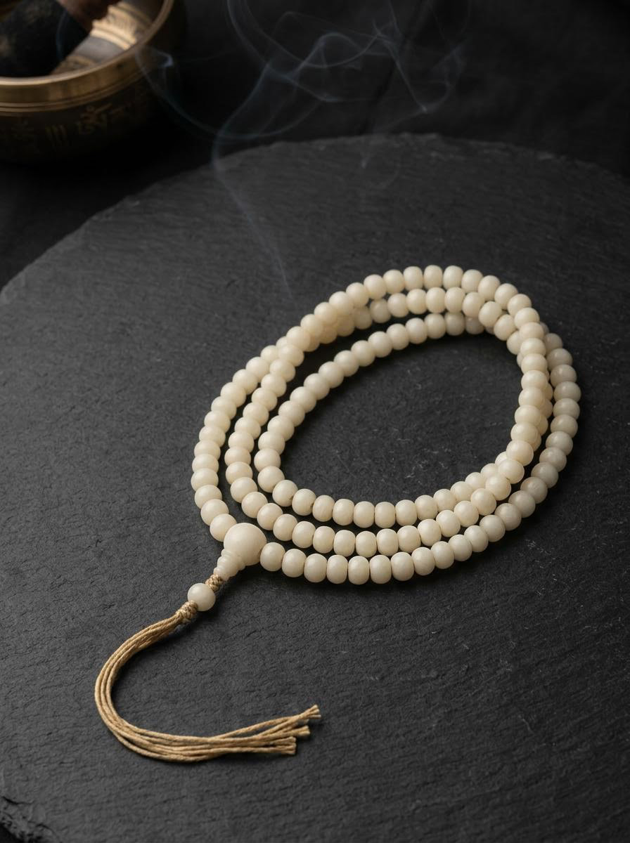 Tibetan White Jade Bodhi Root 108 Mala Beads