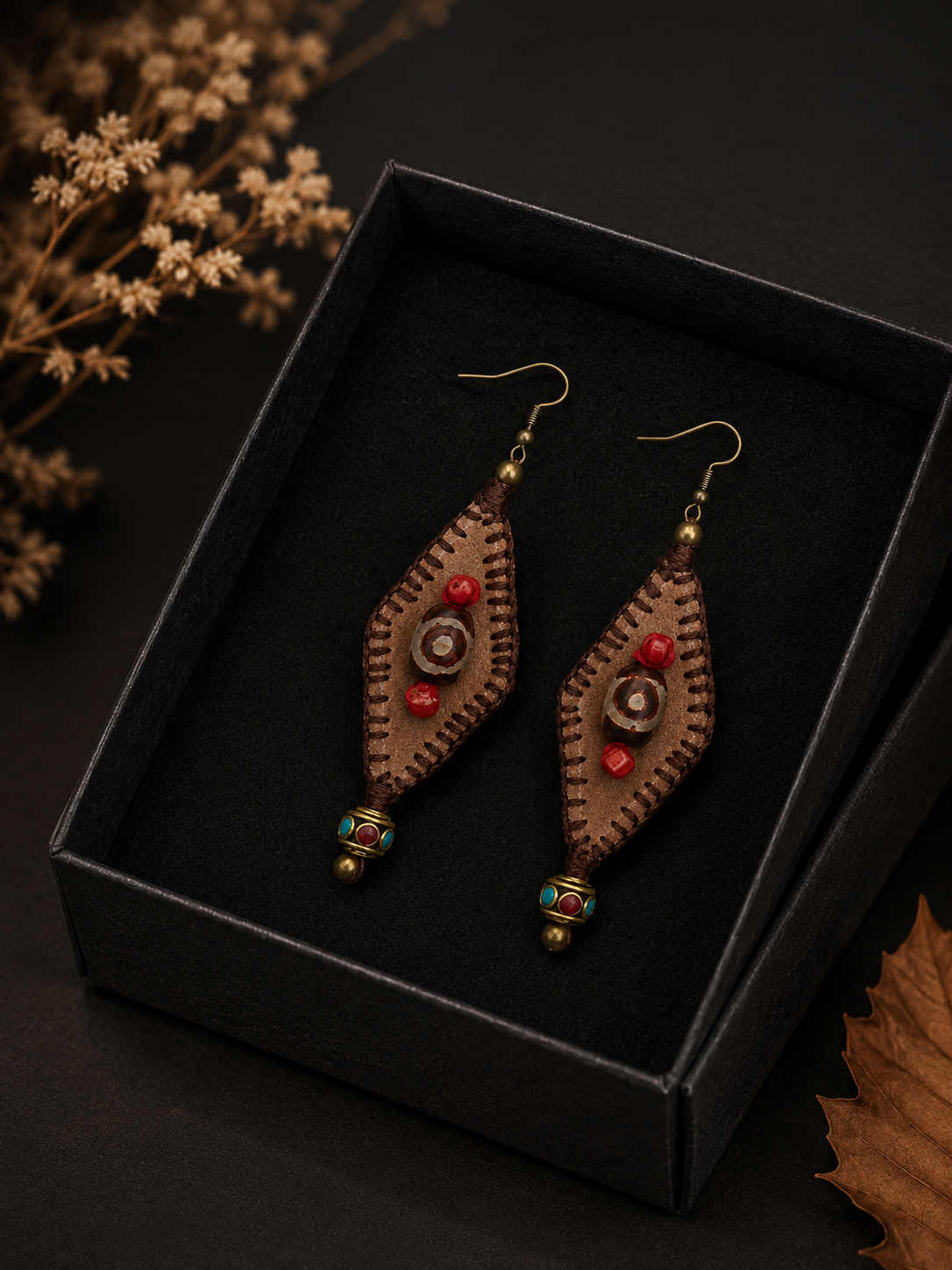 Handmade Tibetan Dzi Bead Leather Drop Earrings
