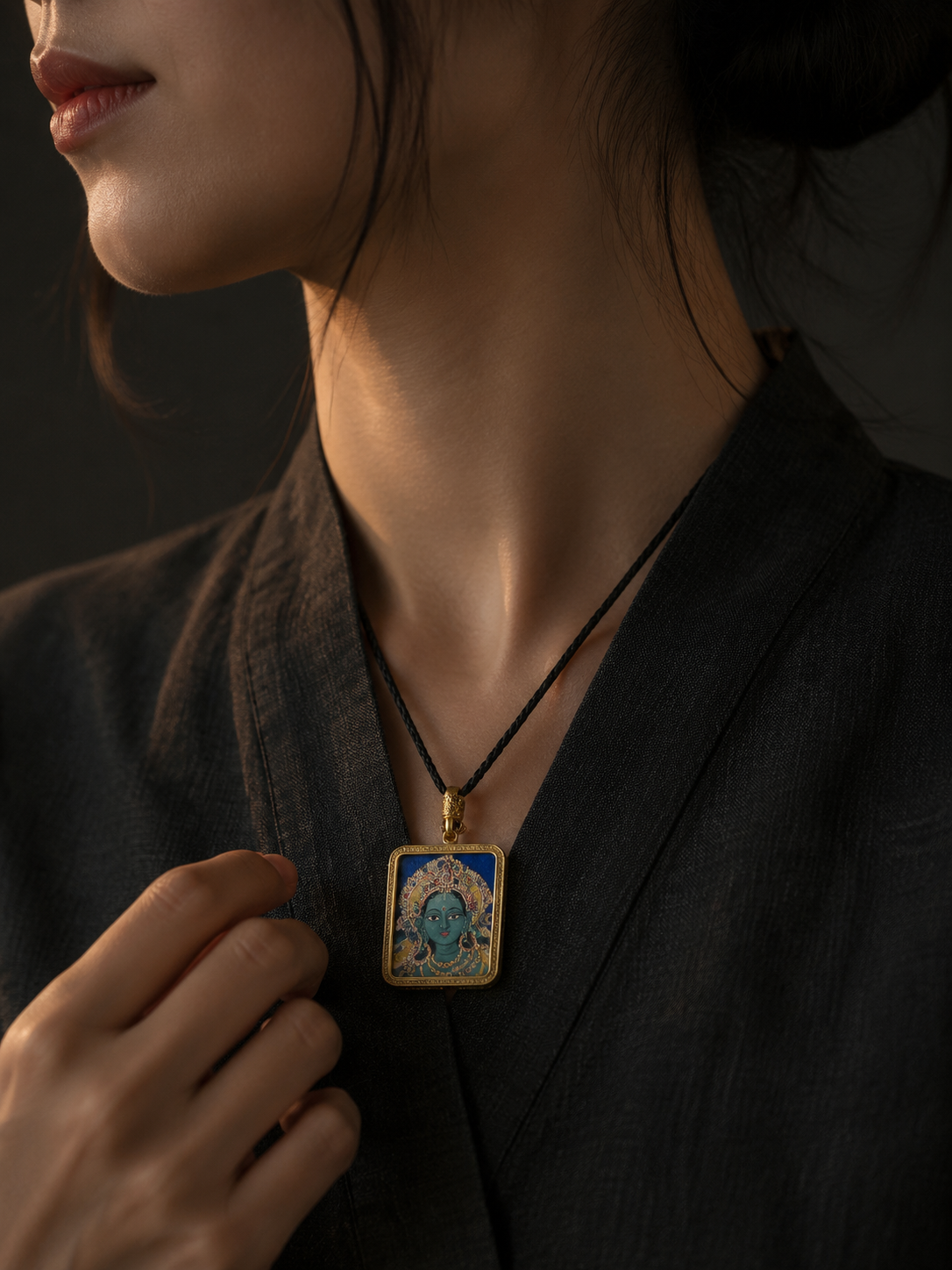 Hand-Painted Tibetan Green Tara Thangka Pendant Amulet