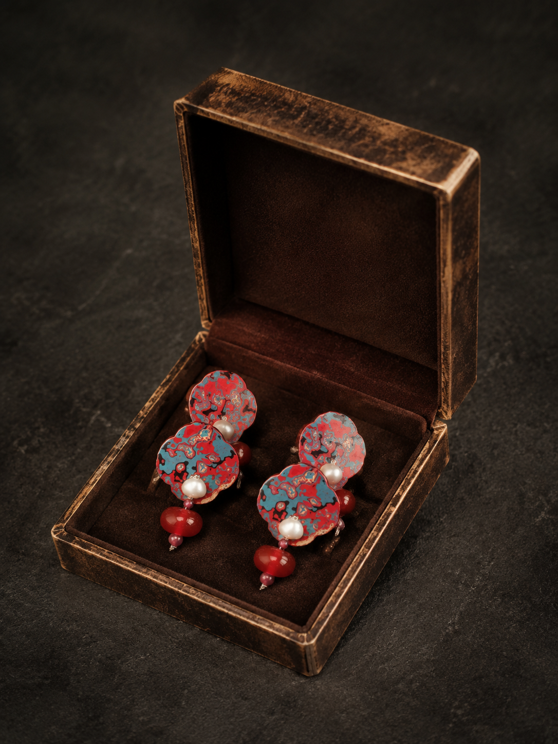 Vintage Tibetan Lacquer-Style Dangle Earrings