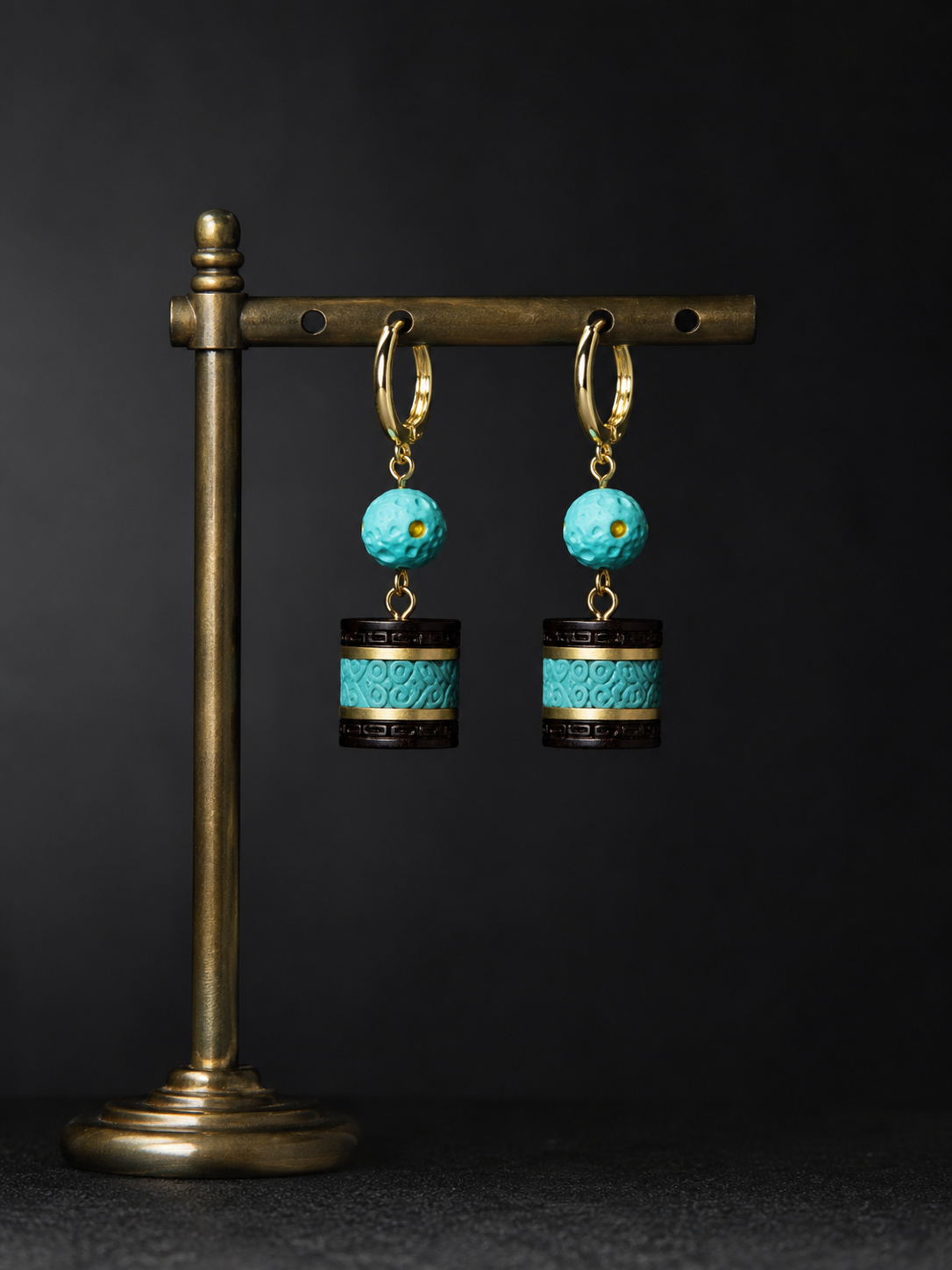 Vintage Tibetan Turquoise & Ebony Wood Drop Earrings
