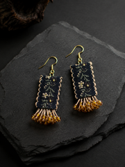 Handmade Ethnic Floral Embroidered Earrings with Amber Beads