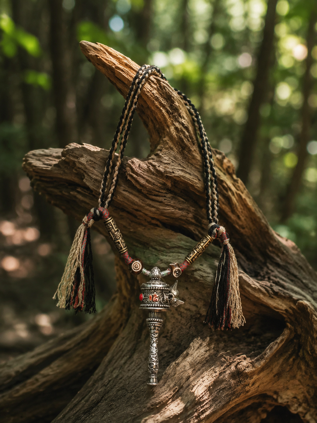 Handmade Tibetan Prayer Wheel Necklace Vintage Braided Rope