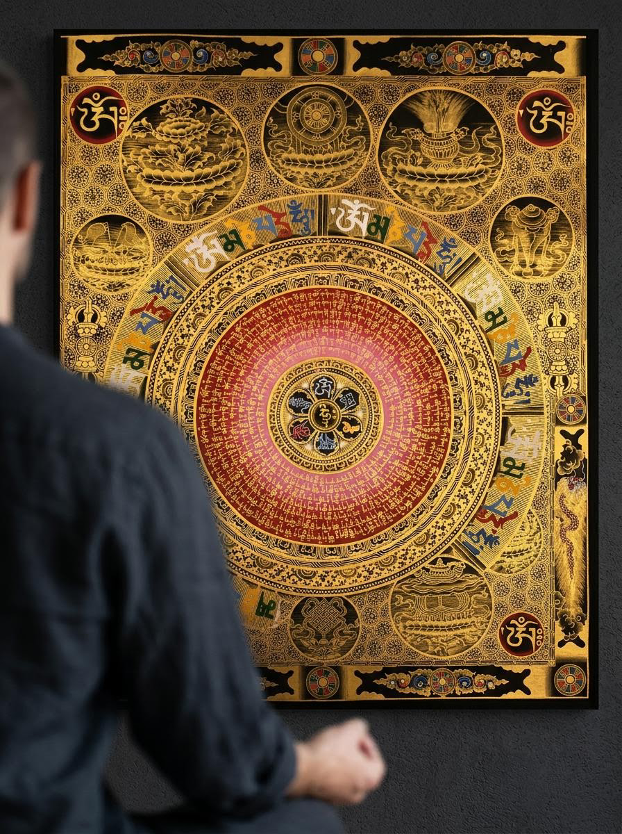 Hand-Painted Tibetan Eight Auspicious Mandala Thangka