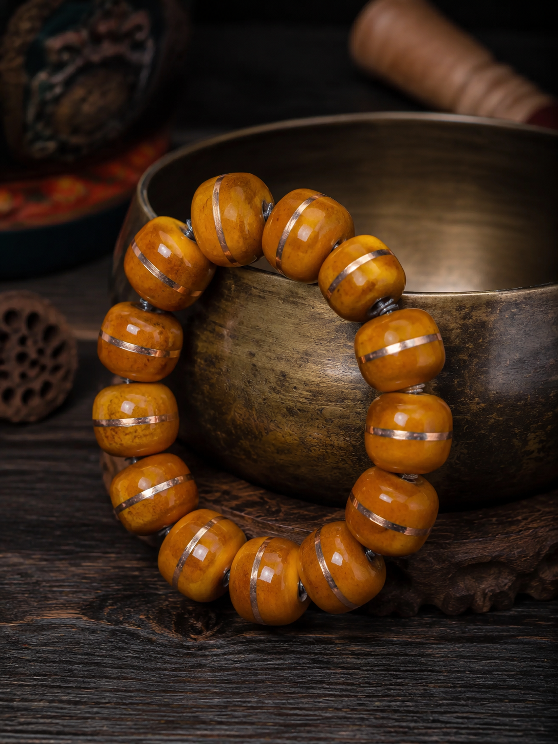 Handmade Tibetan Aged Yak Bone Inlaid Mala Bracelet