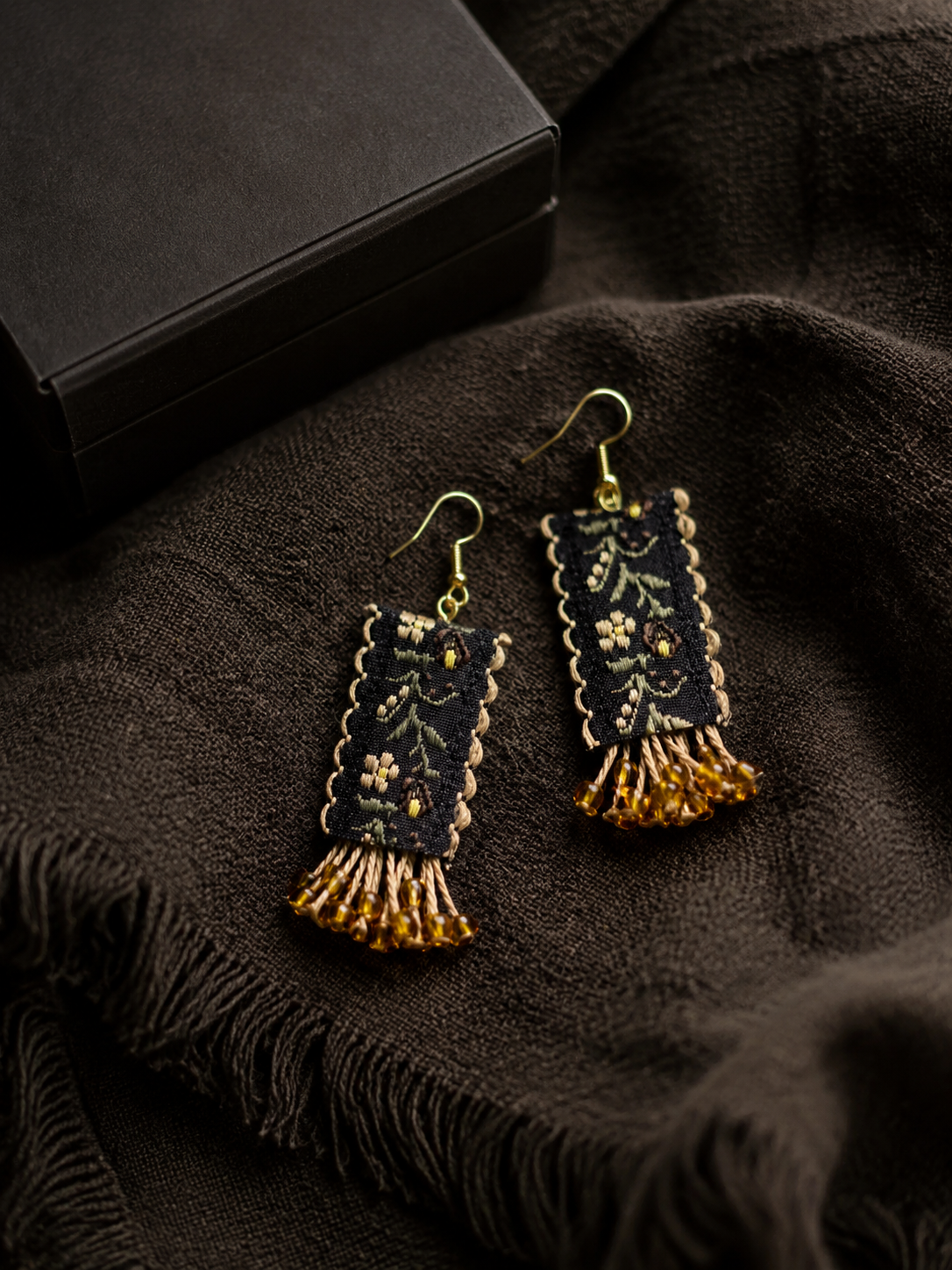 Handmade Ethnic Floral Embroidered Earrings with Amber Beads