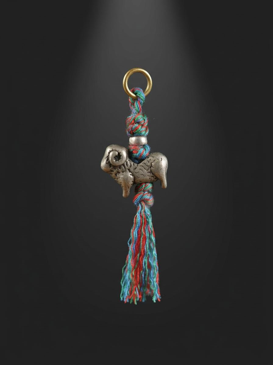 Tibetan White Copper Zodiac Sheep Mala Pendant