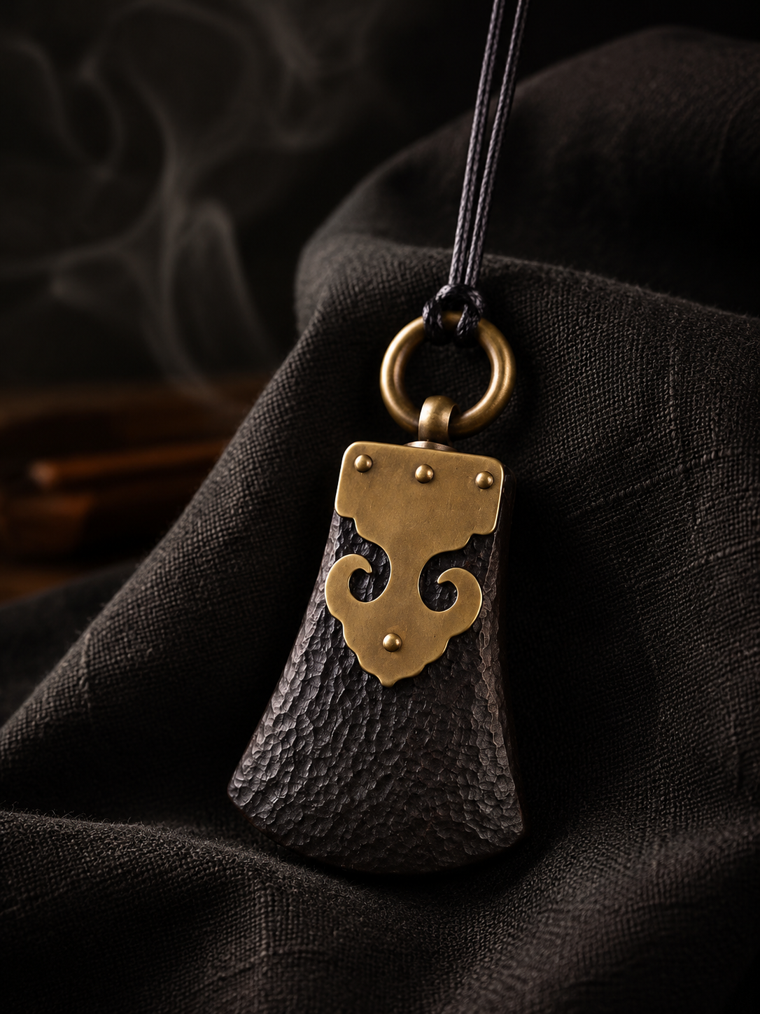 Hand-Carved Ebony & Brass Tibetan Amulet Necklace