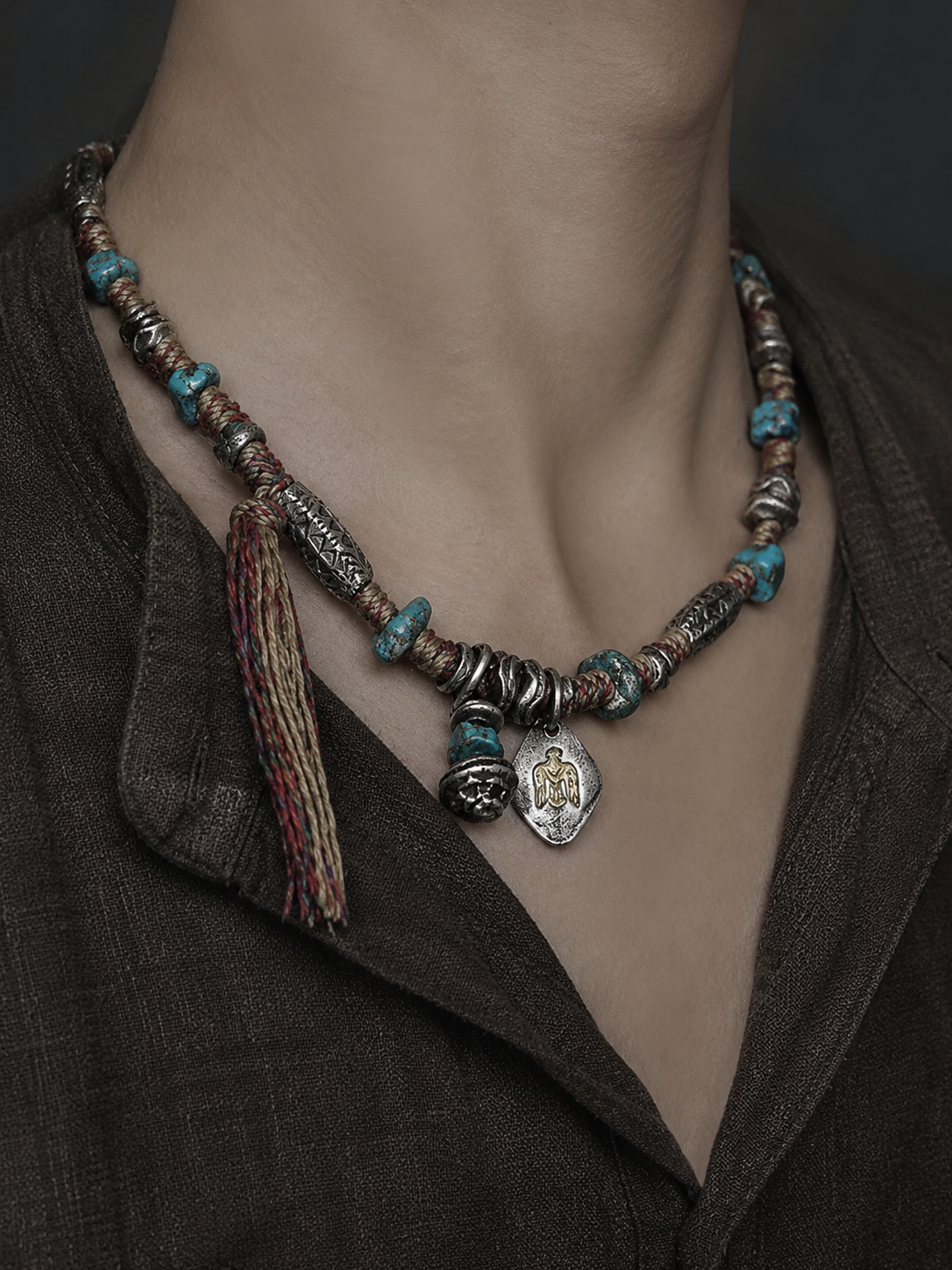 Tibetan Eagle & Mani Stone Vintage Braided Rope Necklace