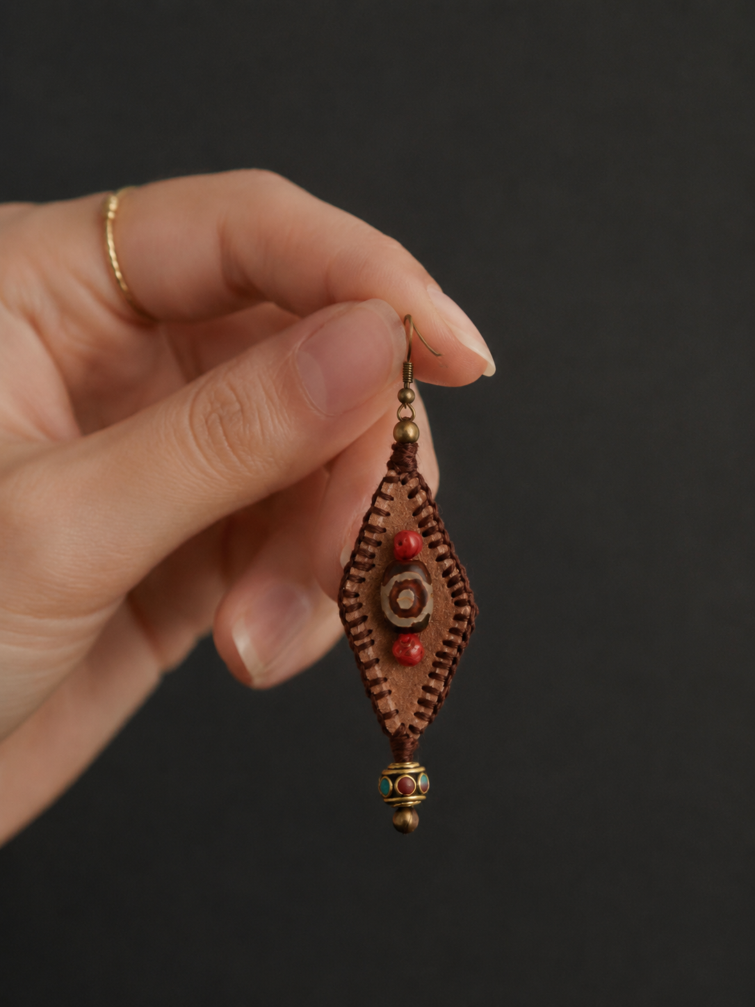 Handmade Tibetan Dzi Bead Leather Drop Earrings