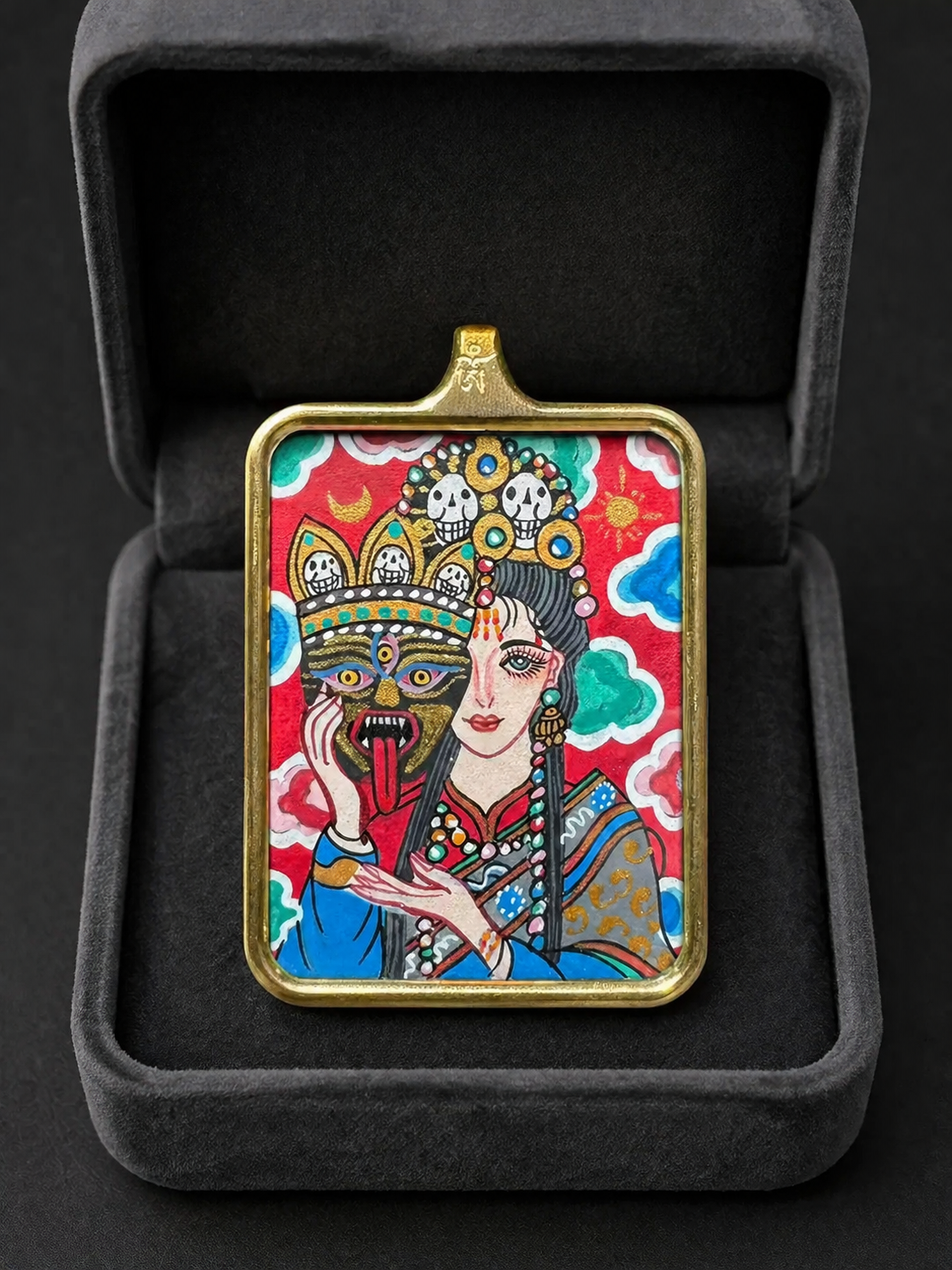 Hand-Painted Tibetan Zhaji Lhamo Thangka Amulet Pendant