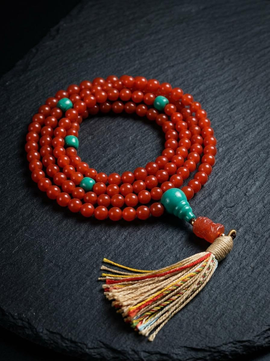 Authentic Tibetan Red Agate 108 Mala Bead Bracelet