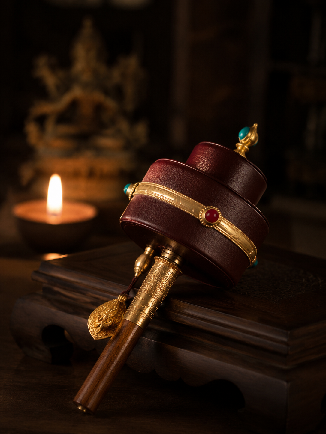 Large Tibetan Handheld Prayer Wheel - Leather & Brass