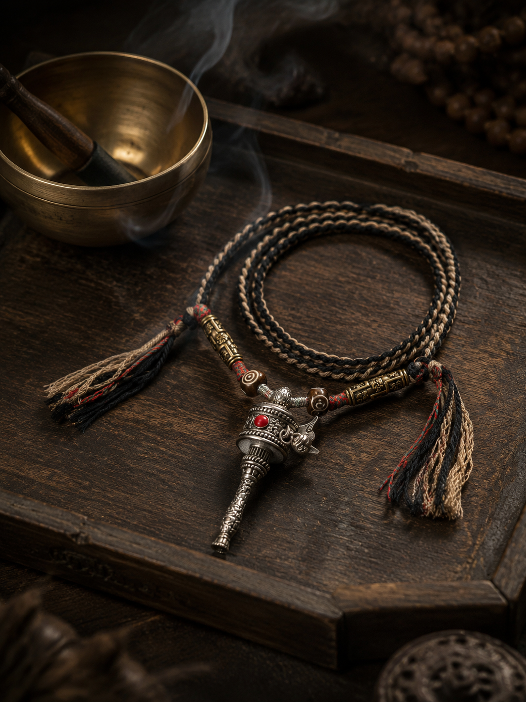 Handmade Tibetan Prayer Wheel Necklace Vintage Braided Rope