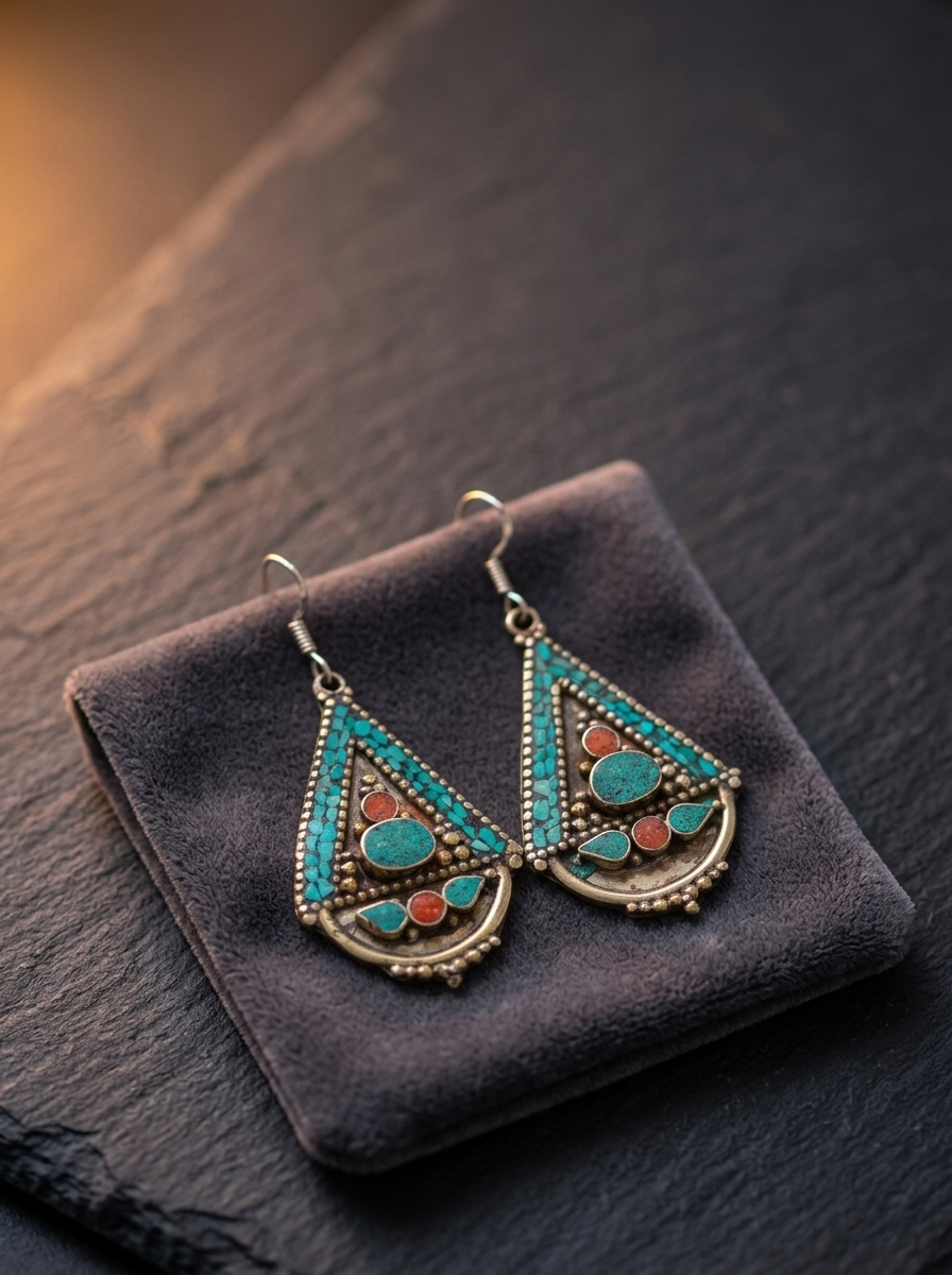 Vintage Tibetan Style Inlaid Drop Earrings