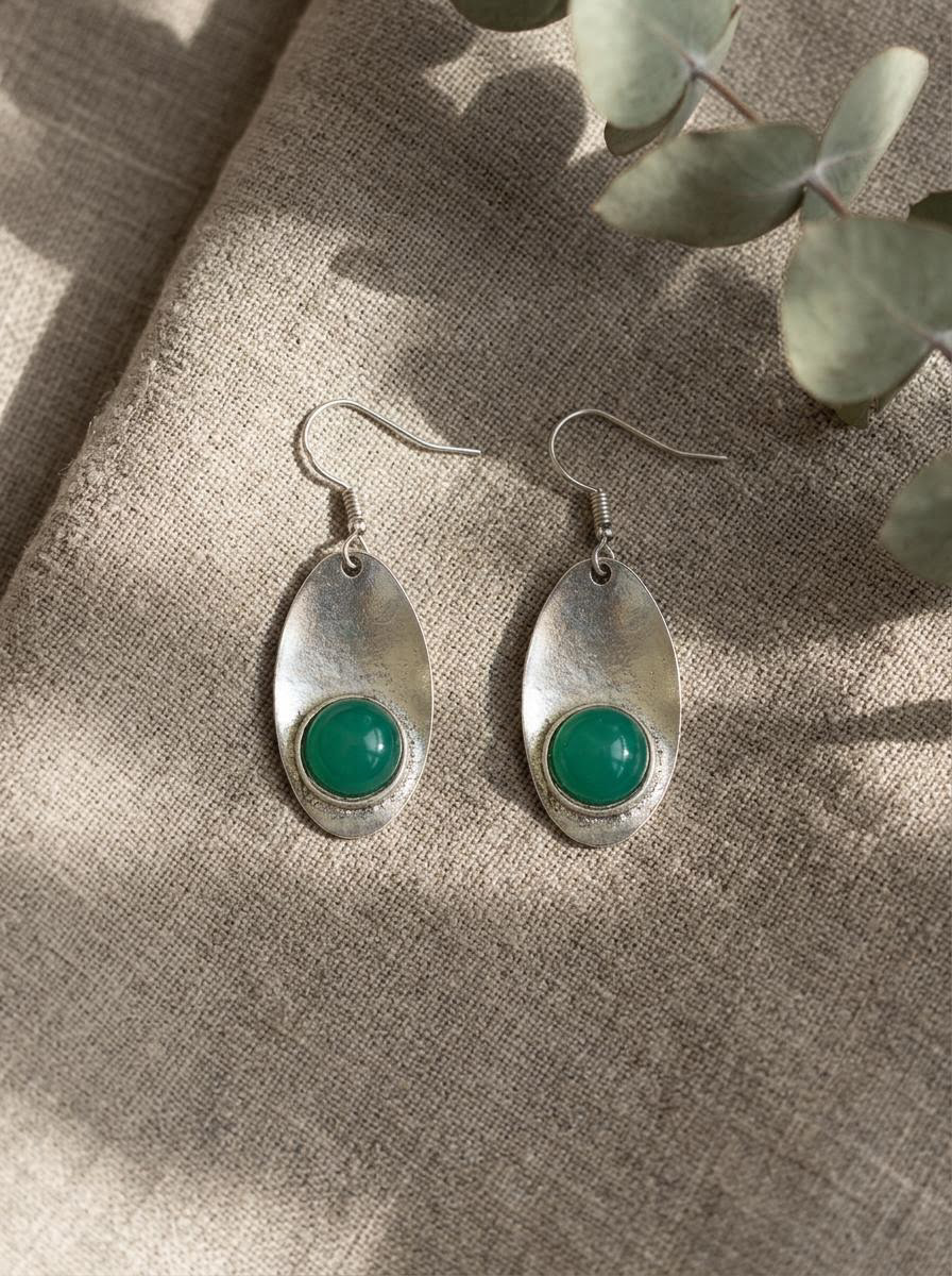 Vintage Tibetan Silver Emerald Drop Earrings