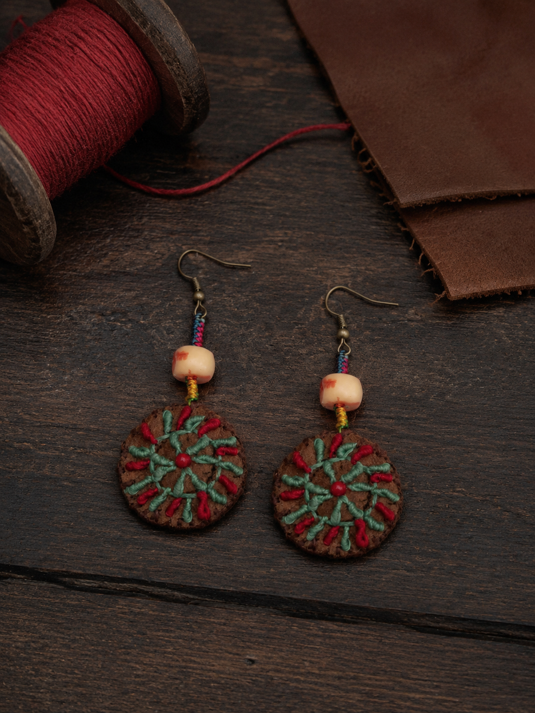 Handmade Tibetan Embroidered Leather Drop Earrings
