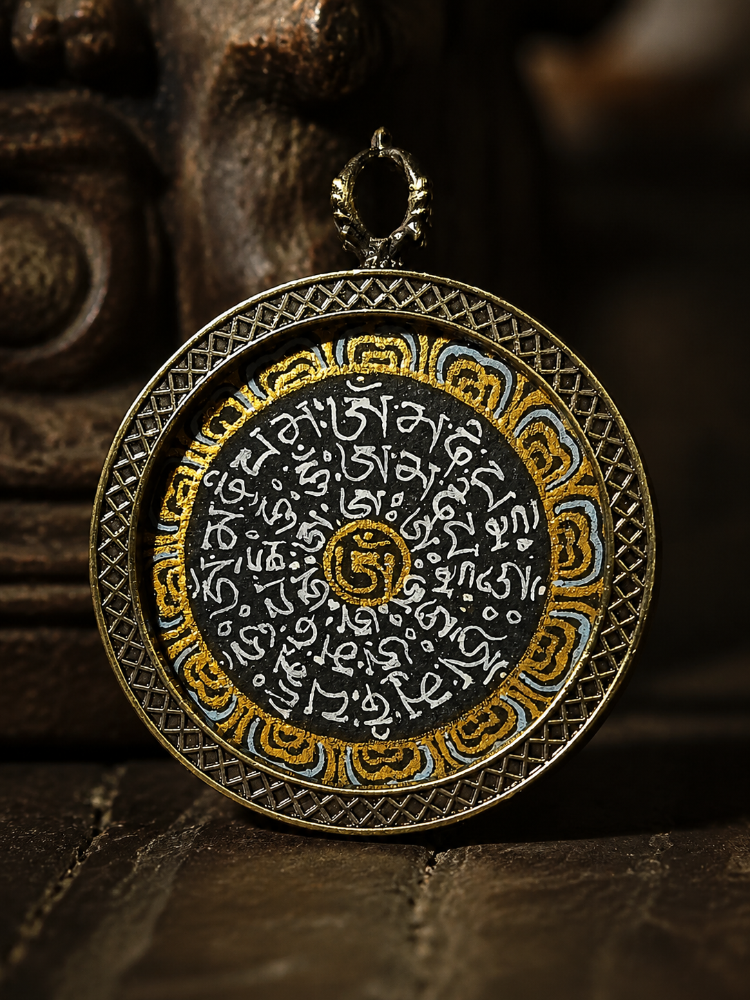 Hand-Painted Tibetan Thangka Mantra Amulet Pendant