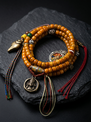 Tibetan Yak Bone 108 Mala Bracelet with Zhaji Lamu Amulet