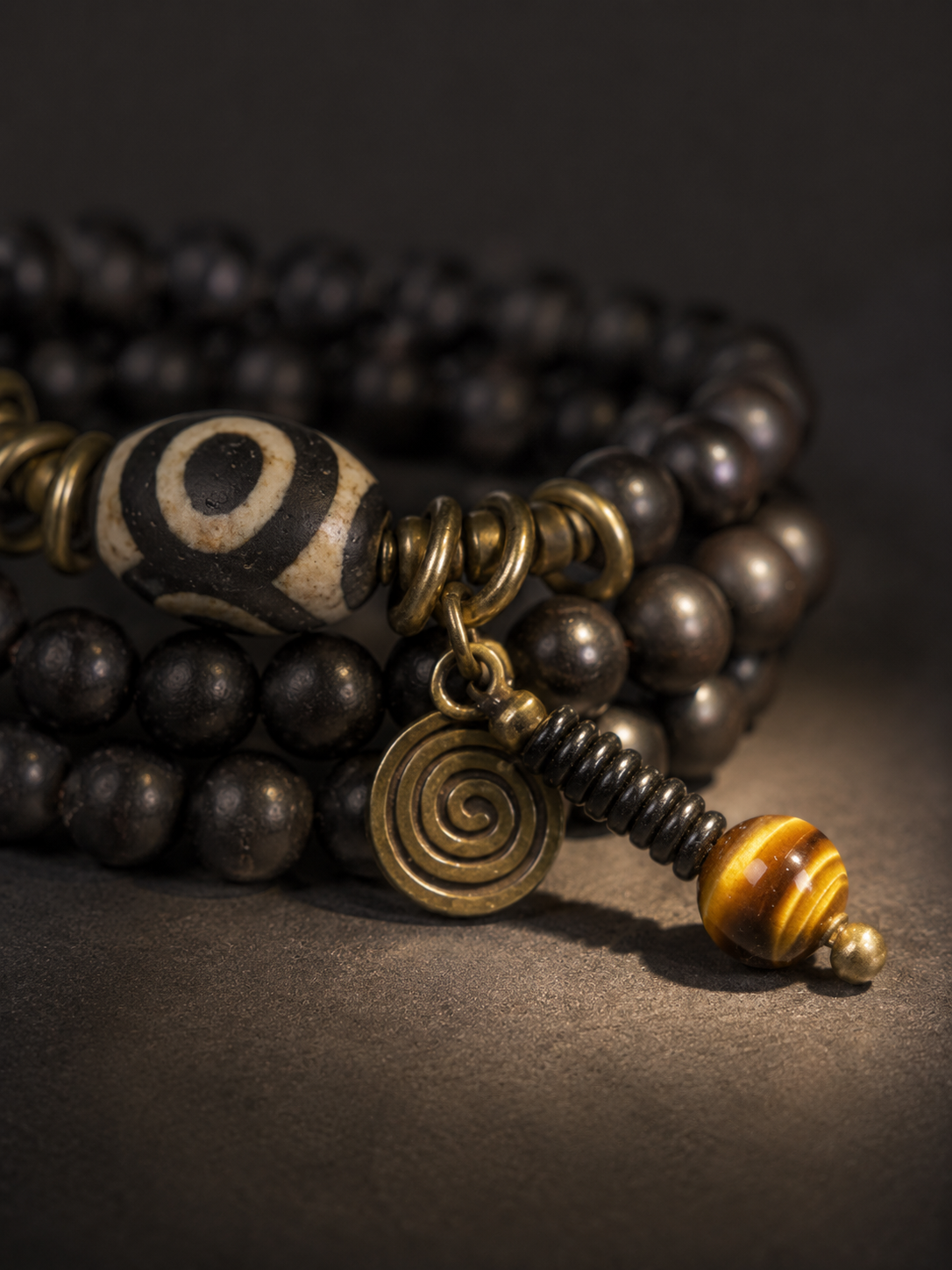 Handmade Tibetan Ebony Wood Dzi Bead Wrap Bracelet