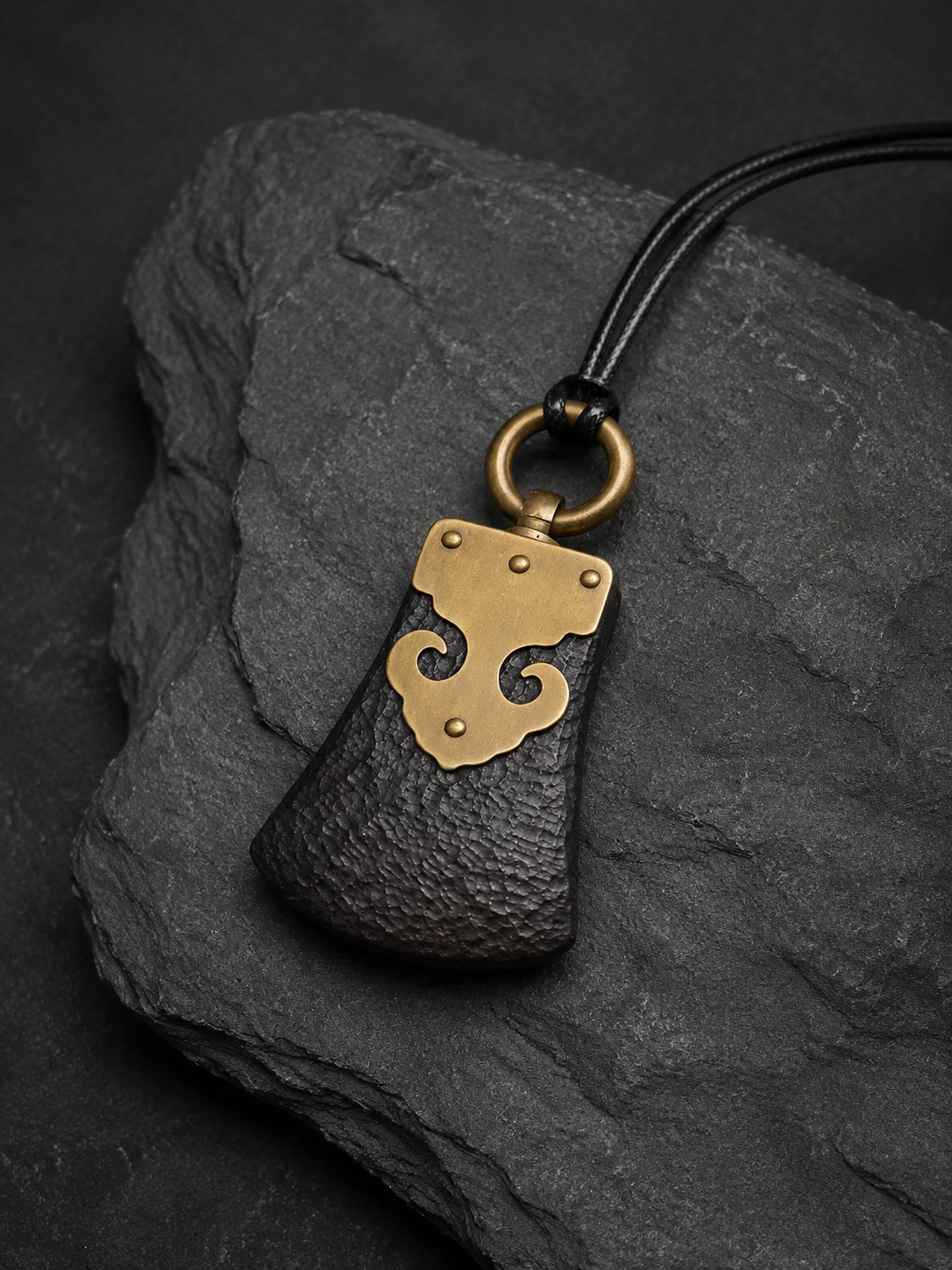 Hand-Carved Ebony & Brass Tibetan Amulet Necklace