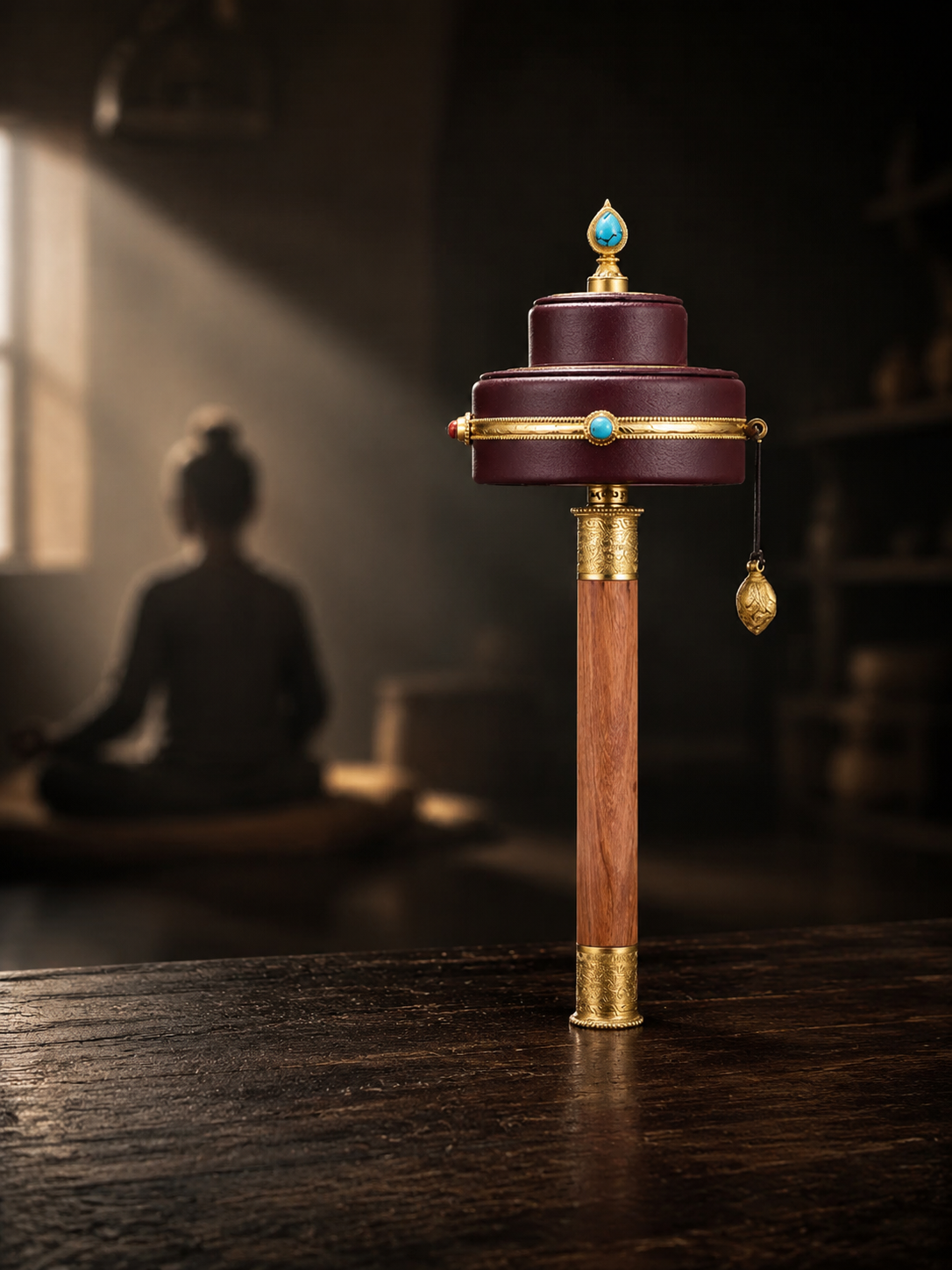 Tibetan Leather Handheld Prayer Wheel with Brass & Stones