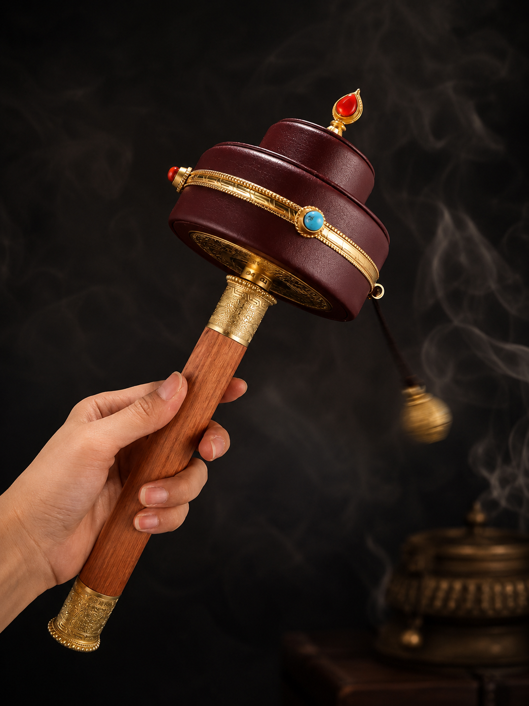 Tibetan Leather Handheld Prayer Wheel with Brass & Stones