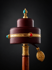 Large Tibetan Handheld Prayer Wheel - Leather & Brass