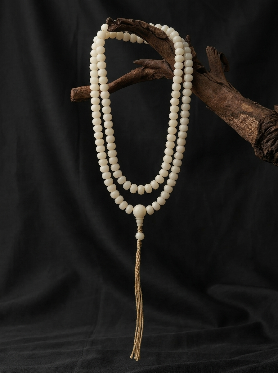 Tibetan White Jade Bodhi Root 108 Mala Beads