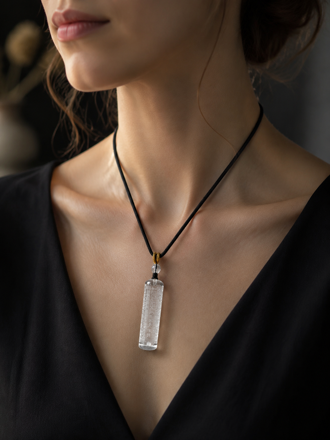Tibetan Clear Quartz Heart Sutra Pendant Necklace