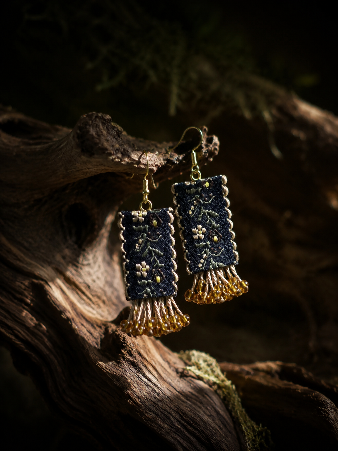 Handmade Ethnic Floral Embroidered Earrings with Amber Beads