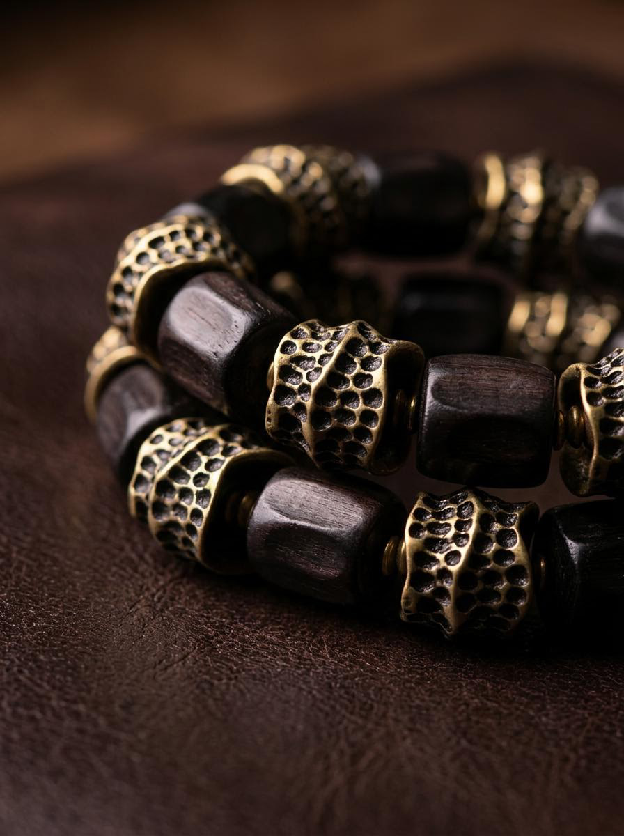 Tibetan Vintage Ebony Wood & Bronze Meditation Bracelet