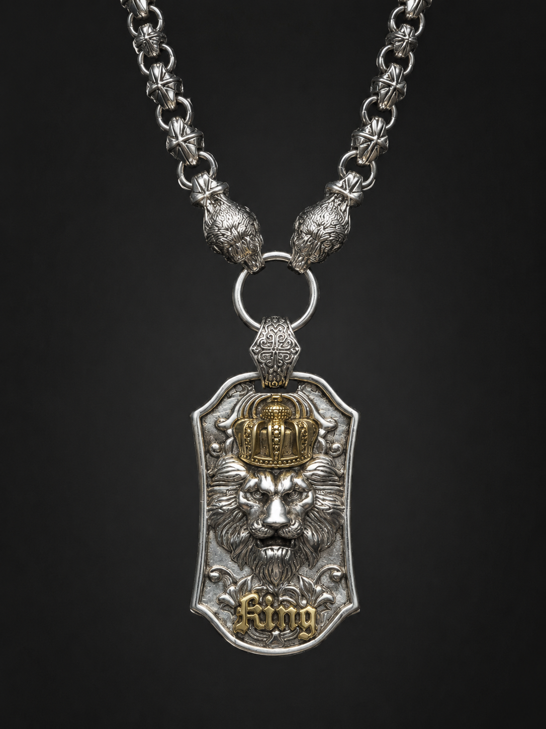 Handmade Tibetan Silver Crowned Lion King Necklace