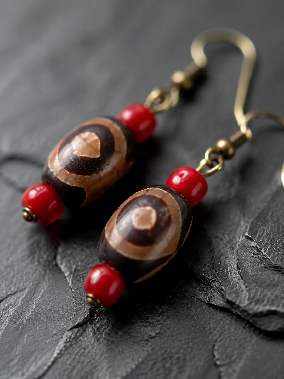 Vintage Tibetan Red Agate Dzi Earrings