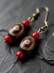 Vintage Tibetan Red Agate Dzi Earrings