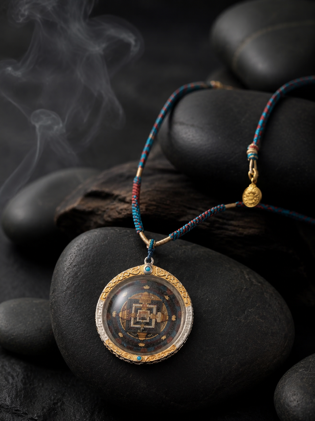 Hand-Painted Tibetan Kalachakra Mandala 925 Silver Pendant Necklace