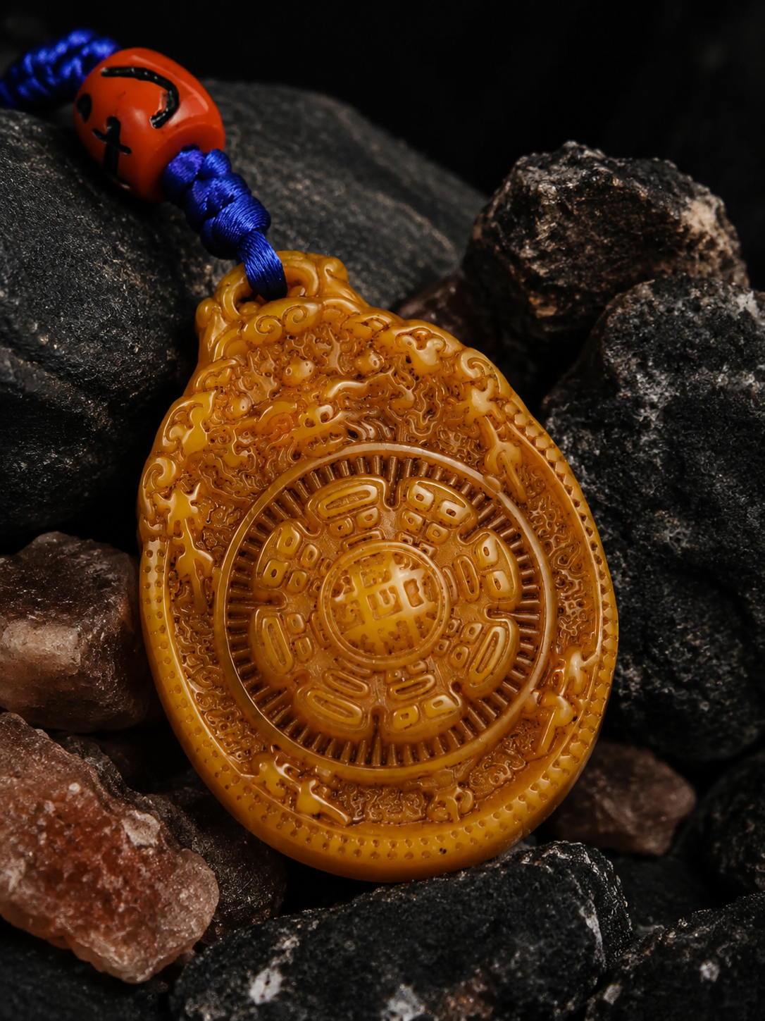 Tibetan Yak Bone Carved Jiugong Bagua Amulet Pendant