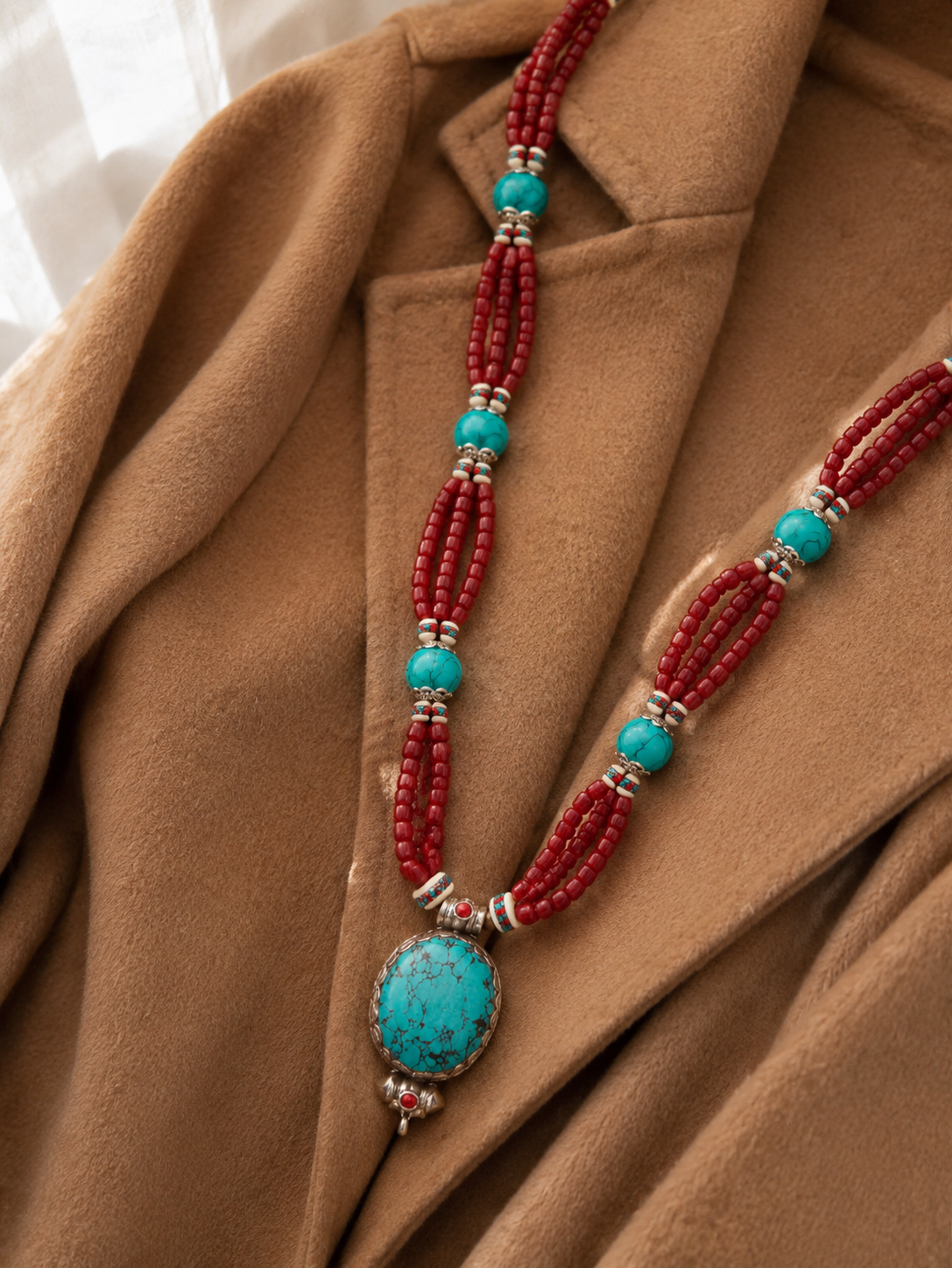 Vintage Tibetan Turquoise & Red Beaded Statement Necklace