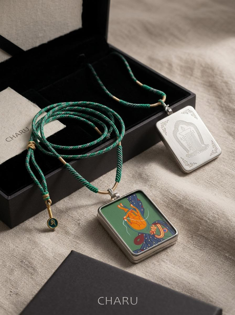 Tibetan Hand-Painted Green Tara Thangka Pendant Necklace